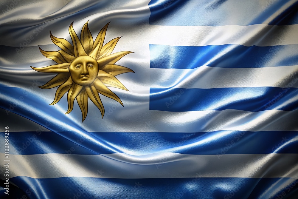 Poster dynamic double exposure of uruguay flag in motion against a national background with smooth waves of