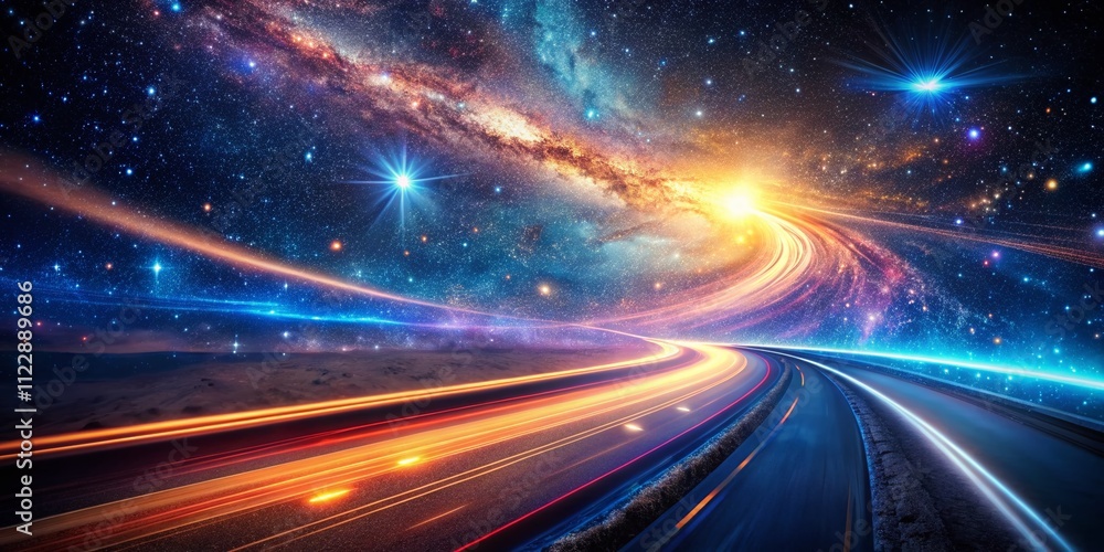 Poster dynamic glowing warp effect journey through space with vibrant light streaks against a cosmic backgr