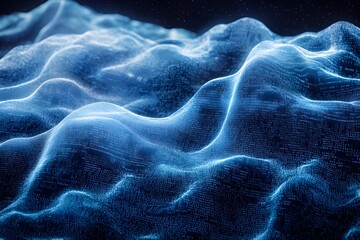 Digital wave resembling ocean surf with binary matrix design glowing under dark sky