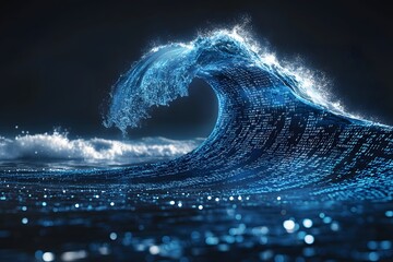 Digital wave resembling ocean surf with binary matrix design glowing under dark sky