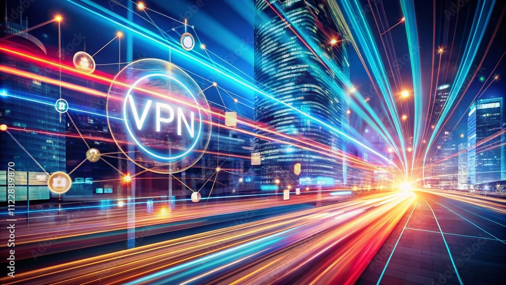Poster dynamic long exposure of a vpn network concept with data flow, cybersecurity elements, and abstract 