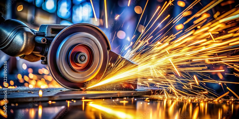 Poster dynamic metal sawing with hand grinder sparks in slow motion captured from the left side, ideal for 