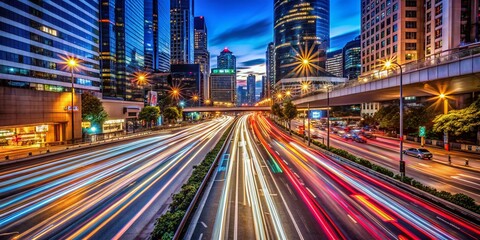 Obraz premium Dynamic Night Cityscape with Fast-Moving Traffic and Light Trails Capturing Rush Hour Energy in Urban Environment