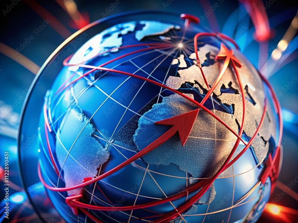 Poster dynamic red and blue arrows intertwined on an abstract globe representing global connectivity and di