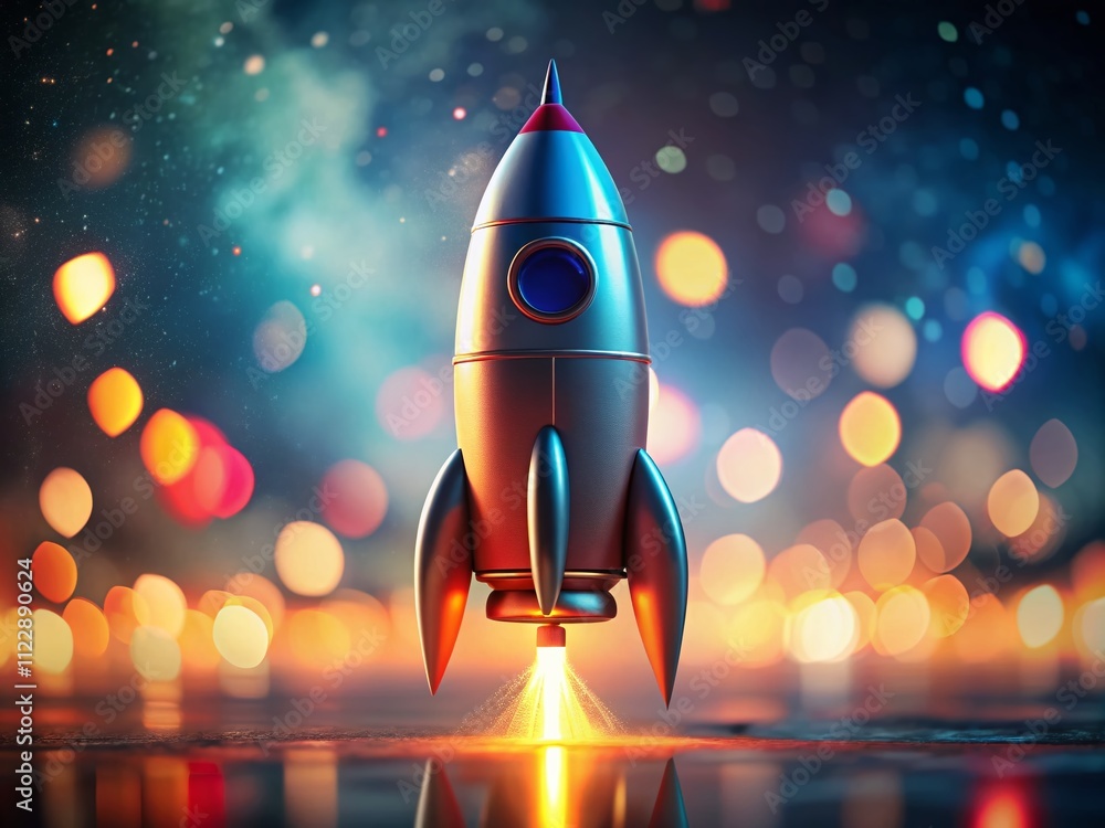 Poster dynamic rocket startup symbol with high depth of field for innovative business growth and launching 
