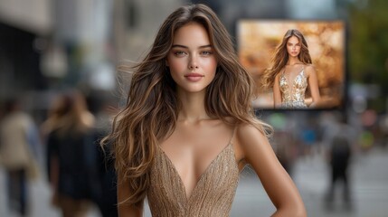 A captivating street scene featuring a massive digital billboard advertising a luxury perfume. The ad shows a glamorous model in an elegant dress surrounded by gold accents, with a tagline prominently