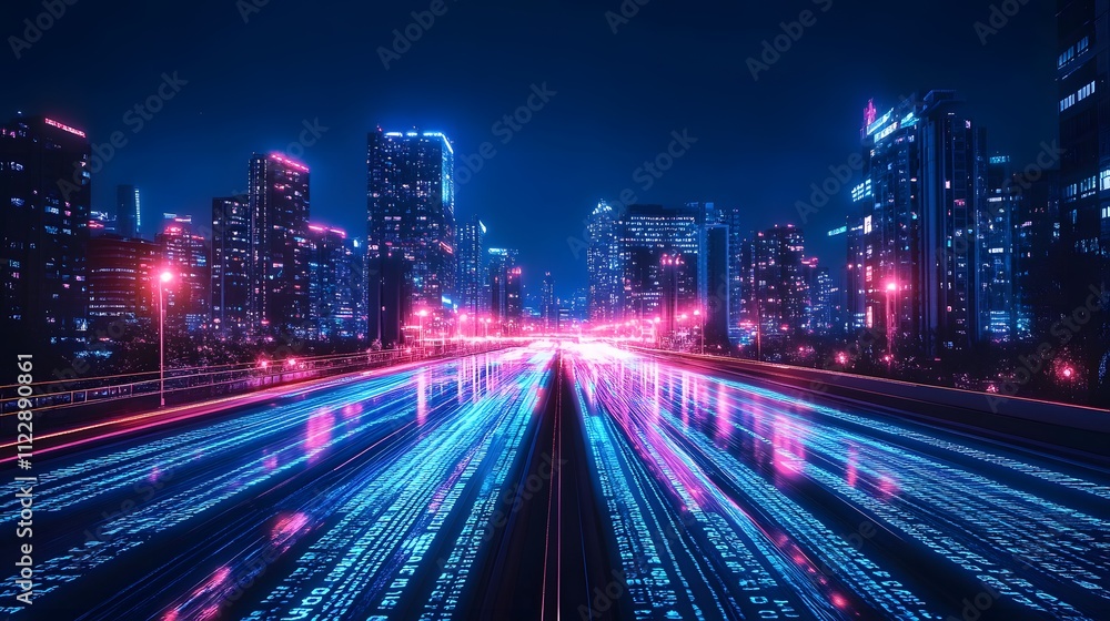 Aufkleber high tech, illuminated road running through a futuristic city with glowing digital light pattern of 