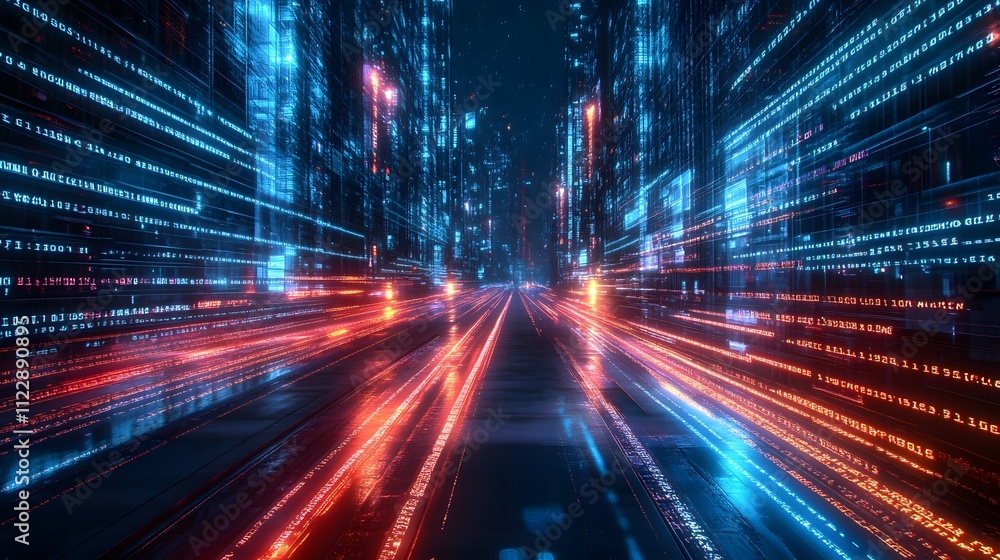 Aufkleber high tech, illuminated road running through a futuristic city with glowing digital light pattern of 