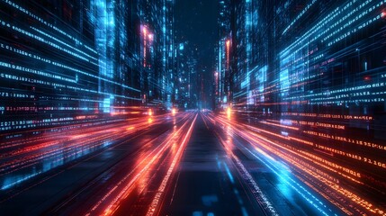 Fototapeta premium High tech, illuminated road running through a futuristic city with glowing digital light pattern of red and blue, creating a sense of speed and cybernetic innovation