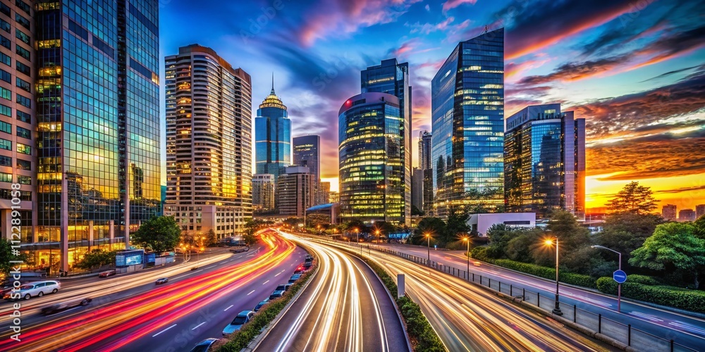 Poster dynamic urban scene featuring business architecture skyscrapers illuminated by light trails in a vib