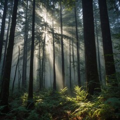 Obraz premium A dense, misty forest with sunbeams filtering through the tall trees.