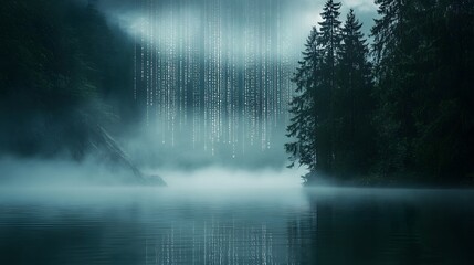 Peaceful lake scene with misty water, towering pine trees, and a digital matrix-like overlay descending from above