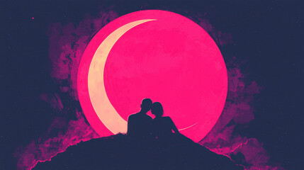 Obraz premium romantic couple silhouette love minimalist Silhouette of couple under glowing crescent moon