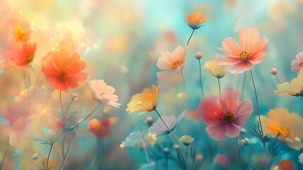 Beautiful closeup of colorful flower in a dreamy pastel-toned garden, bathed in soft glowing light to create a serene and artistic mood