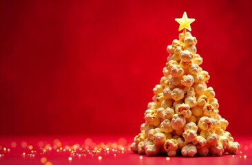 Creative Christmas tree made from popcorn with gold star on top, red background with copy space. Concept: festive celebrations, New Year, edible Christmas trees, appetizers, grain 