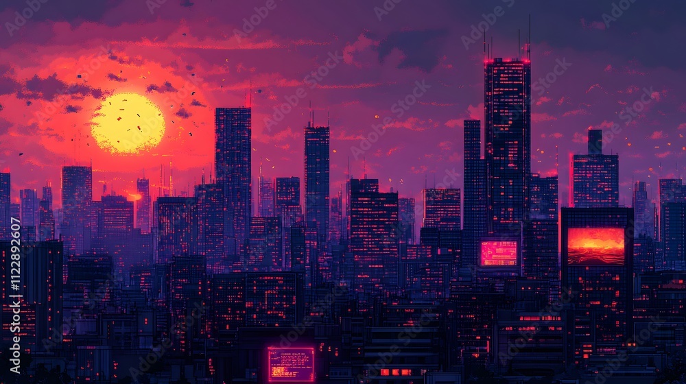 Poster dynamic cityscape featuring towering buildings illuminated with neon glow, creating a futuristic and