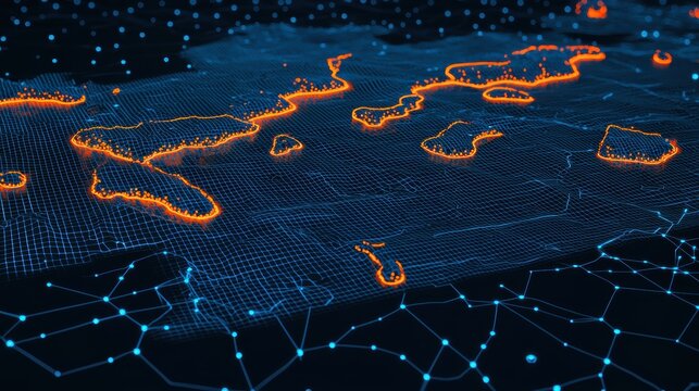Digital Network Map with Orange Highlights and Blue Nodes