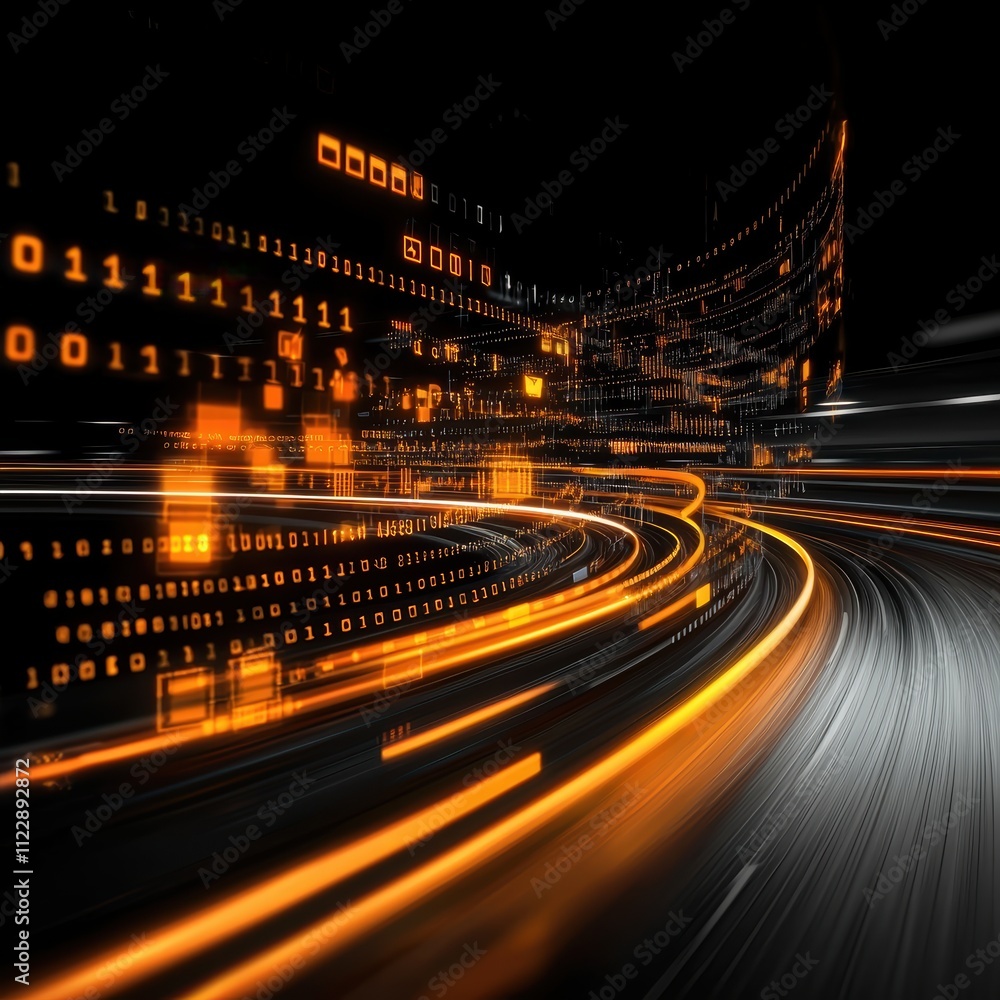 Poster dynamic futuristic digital background with flowing binary code and light