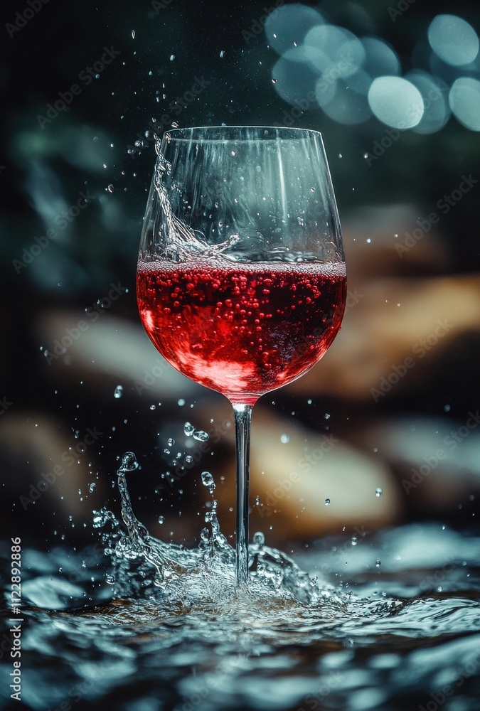 Poster sparkling red wine glass with splash effect against blurred background creating a delightful and ref