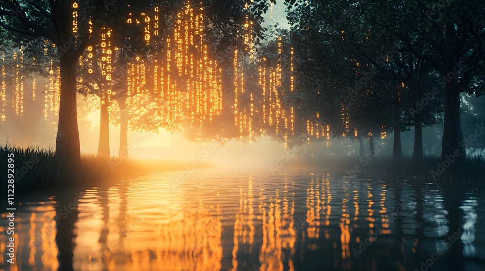Poster mystical forest scene with glowing light cascading through tree and a misty water reflection creatin
