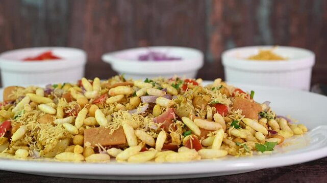Bhel puri Indian chaat dish served in a plate.
