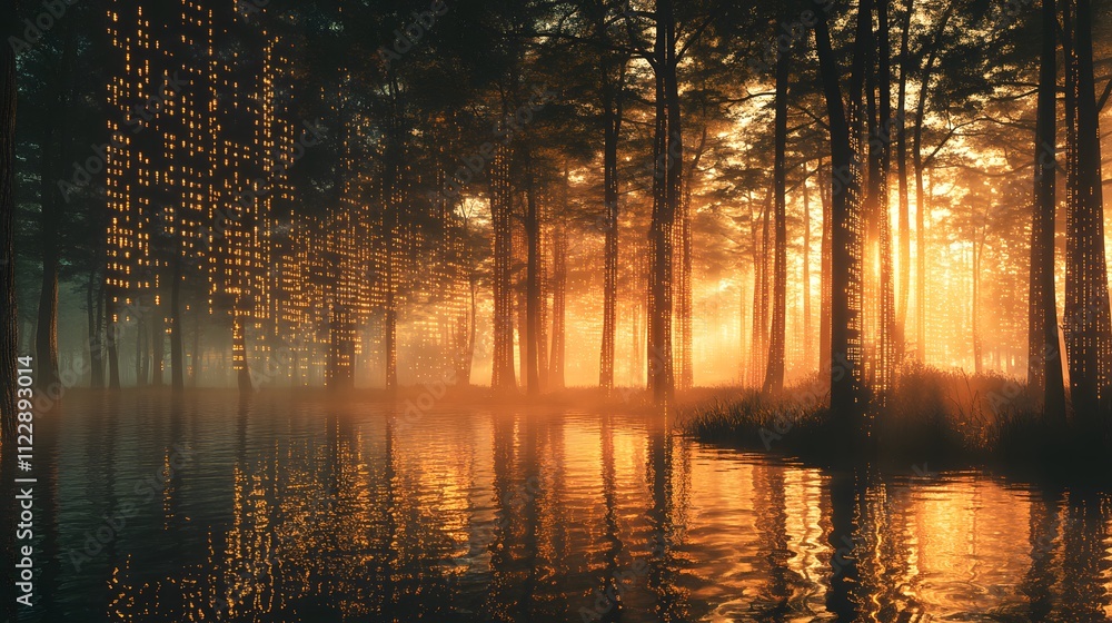 Poster mystical forest scene with glowing light cascading through tree and a misty water reflection creatin