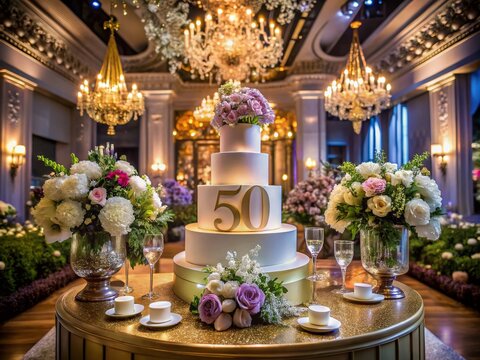 Elegant 50th Birthday Cake Displayed in a Luxurious Setting with Opulent Decorations and Soft Ambient Lighting for a Memorable Celebration