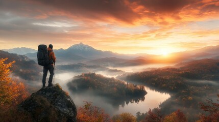 A backpacker standing on a rocky cliff overlooking a stunning mountain range during sunrise. The hiker, carrying a large backpack with gear, looks out at the view, surrounded by mist and golden 