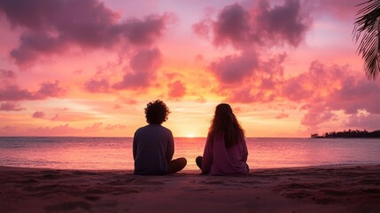 Fototapeta premium Serene Sunset at Beach with Two Silhouetted Figures Watching the Vibrant Sky, Relaxing and Enjoying Nature's Beauty by the Ocean