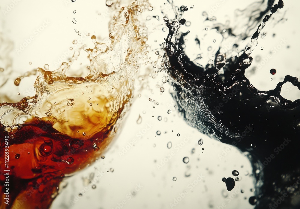 Aufkleber splash of dark and light liquid droplets creating dynamic patterns against a light background in a s