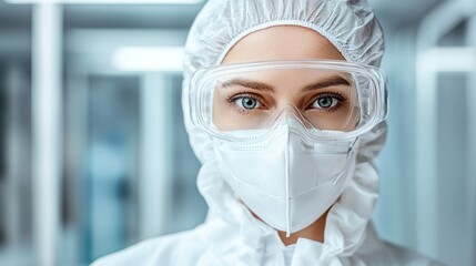 Fototapeta premium Close-Up Portrait of a Female Medical Professional in Protective Gear, Wearing Goggles and Mask, Portraying Safety and Commitment to Health in a Clinical Environment