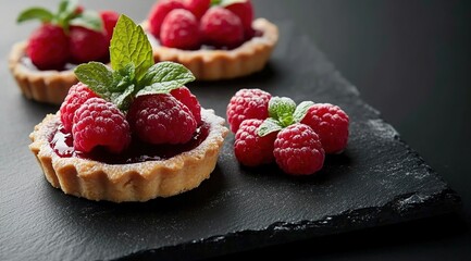 Tart with fresh raspberries and mint on a black slate background