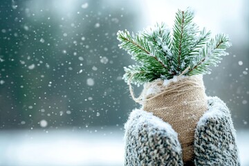 A pair of woolen mittens holding a small pine tree sapling wrapped in burlap with a snowy background