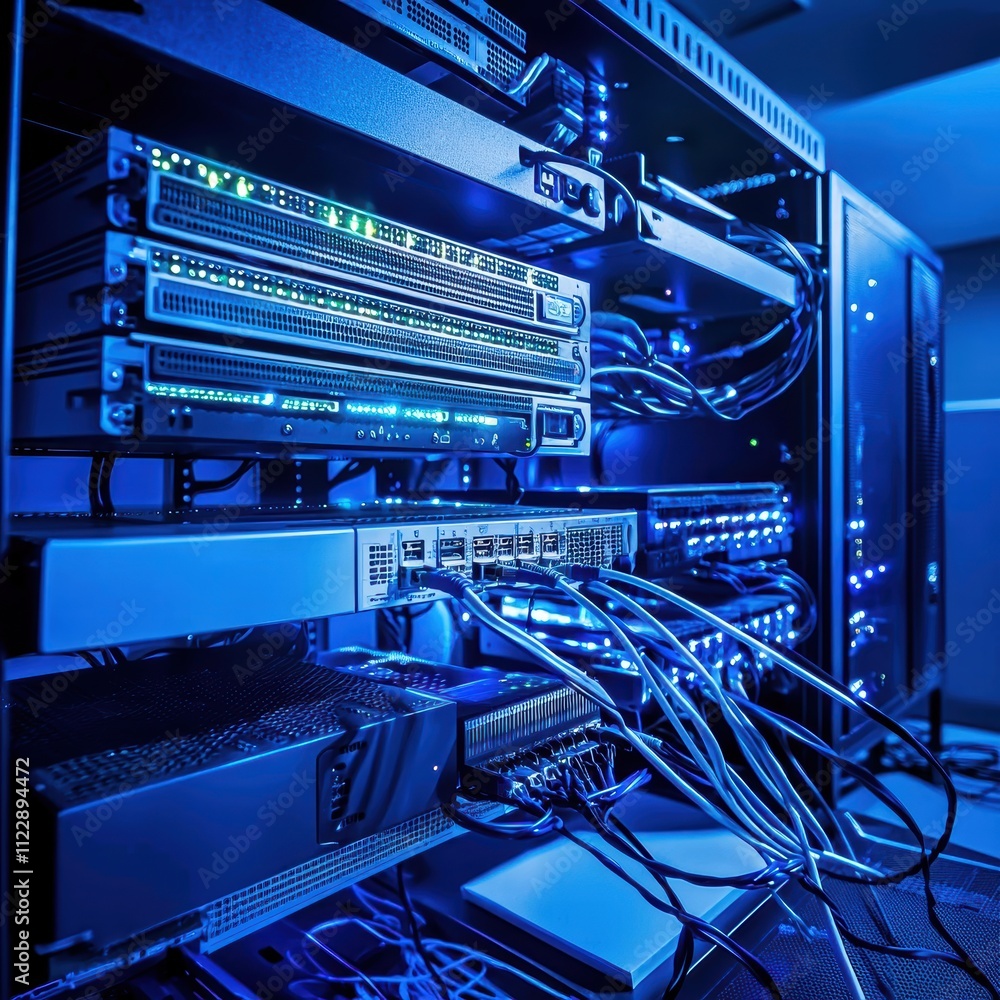 Poster modern server rack with blue led lights in a data center environment