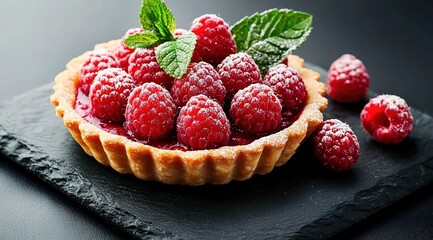 Tart with fresh raspberries and mint on a black slate background
