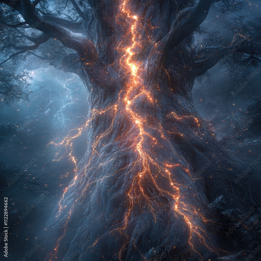 Poster magical tree with glowing lightning in enchanted forest scene