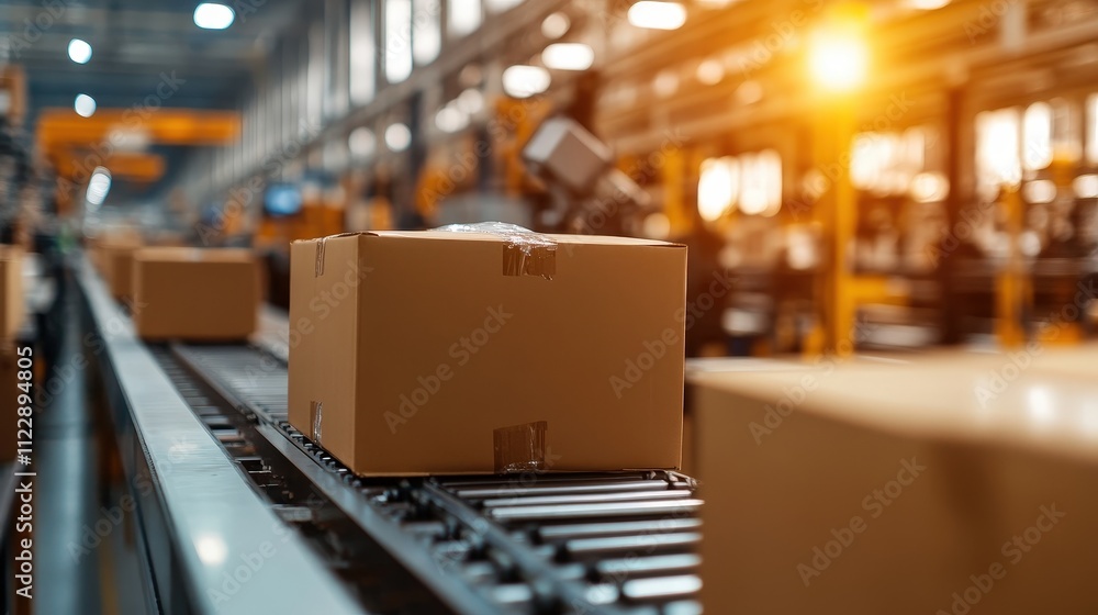 Aufkleber modern factory assembly line with packages moving on conveyor in bright efficient workspace