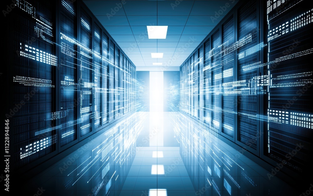 Poster futuristic data center with light trails and server racks