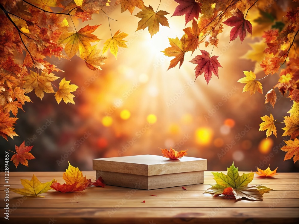 Poster elegant autumn leaves frame with empty podium in low light for product presentation and branding moc