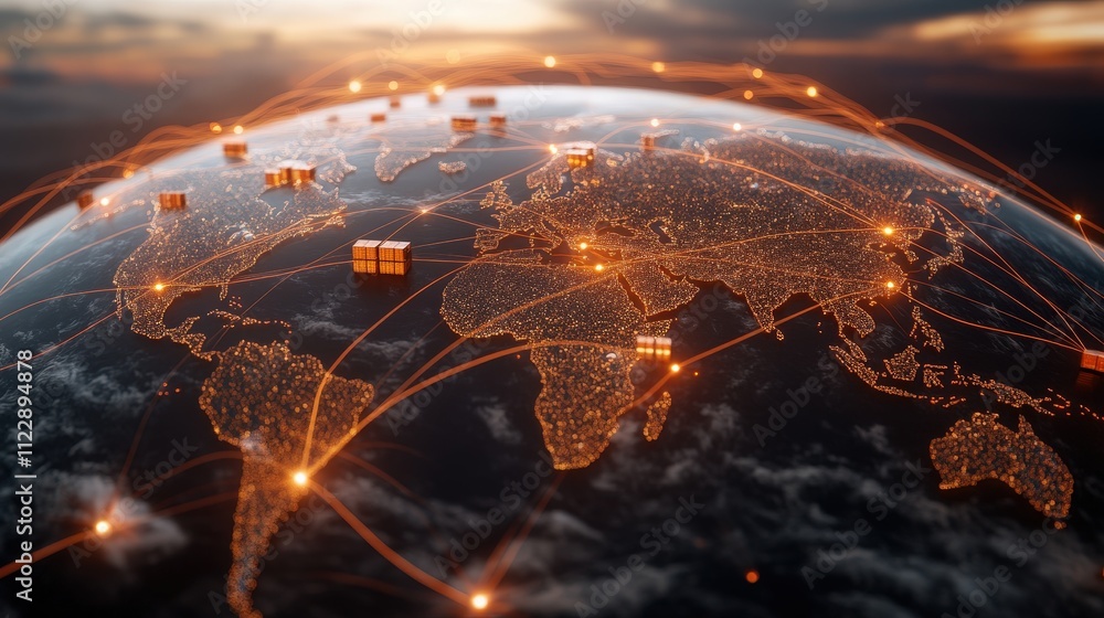 Poster dynamic global map featuring connected lines representing major logistics and trade routes across co