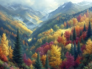Autumnal Mountain Valley Forest Landscape Painting