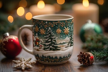 Fototapeta premium Christmas mug sitting on table with christmas decorations and warm bokeh lights in background