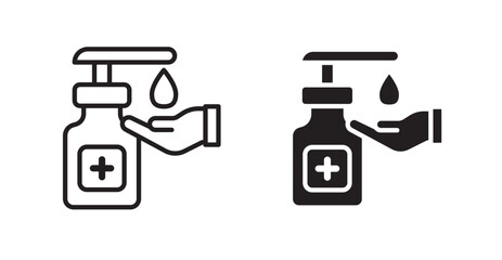 Obraz premium Hand sanitizer outlined and solid icon vector collection.
