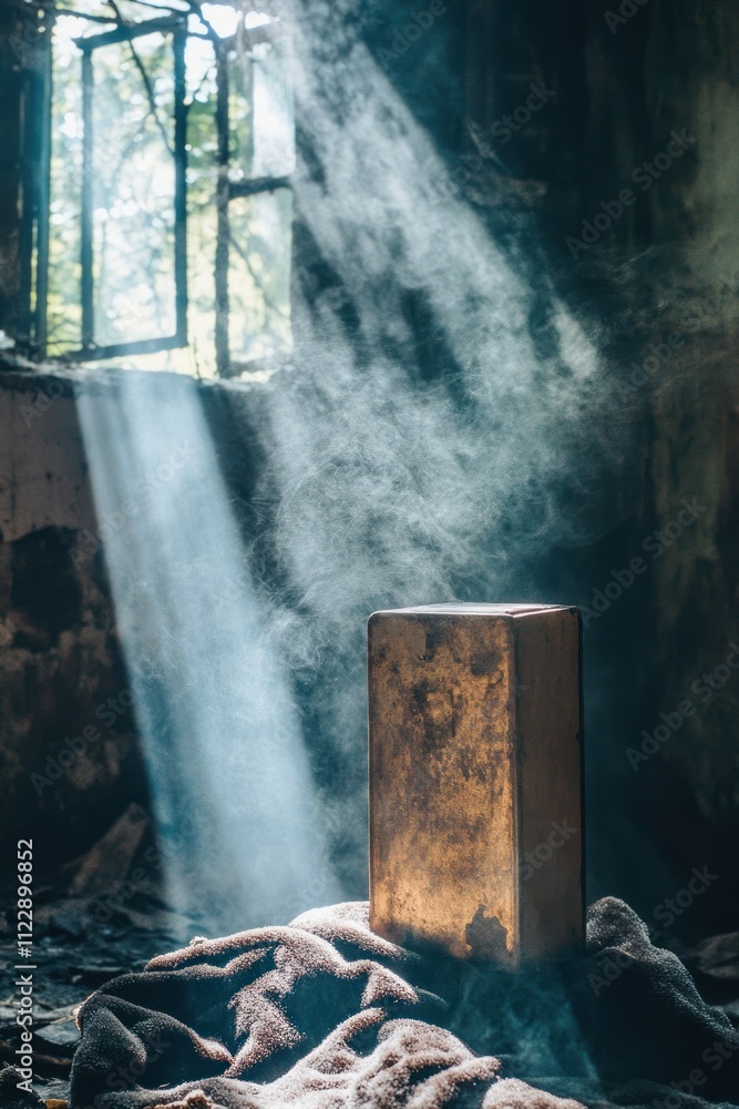 Poster a mysterious glowing block enveloped in smoke and light within a dilapidated room.