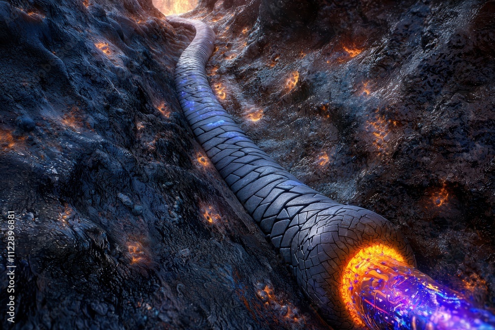 Poster futuristic pathway through a lava-like tunnel with glowing elements