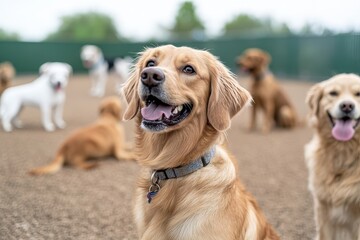 Professional Dog Trainer Conducting Obedience Training with Happy Dogs in Outdoor Setting