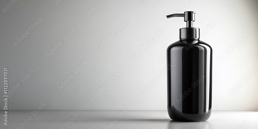 Poster elegant black liquid soap container on a crisp white background with ample copy space for branding a