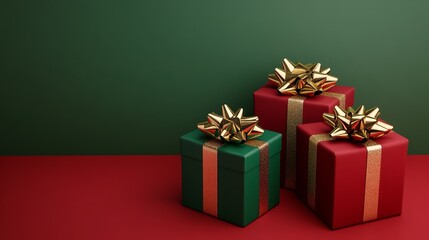Obraz premium Colorful wrapped gifts with decorative bows on red and green background for a festive holiday celebration