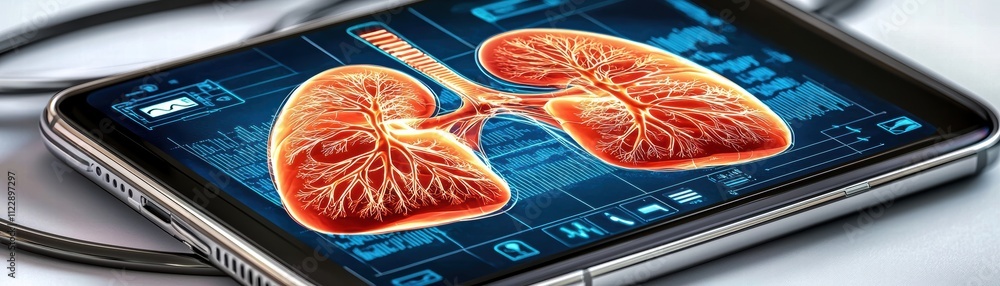 Poster ai mobile analyzing lungs, ai-driven mobile interface displaying lung health analysis digital health