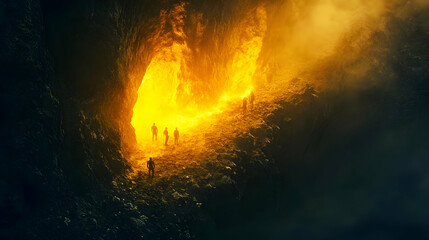 Adventurers Approach Fiery Cave in Fantasy Landscape at Dusk